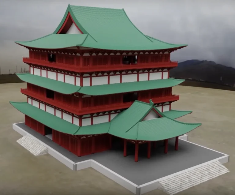 Image showing the virtual reconstruction of a large three-storey temple in the Chinese architectural style.