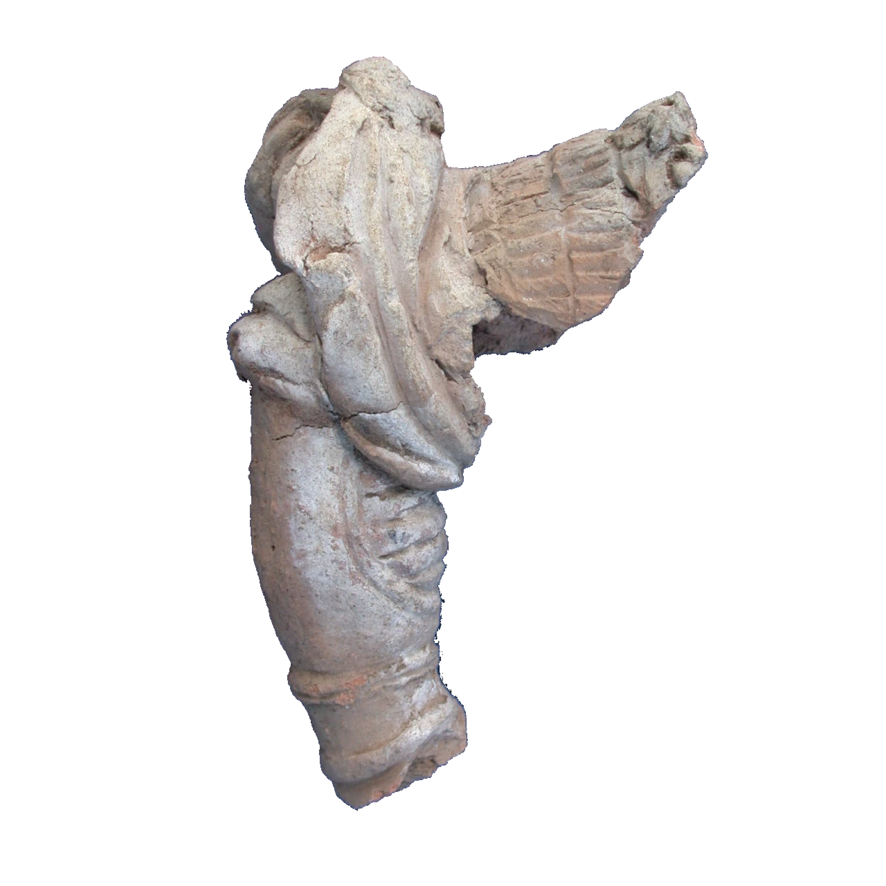 The picture shows the shoulder and arm of a broken clay figure.