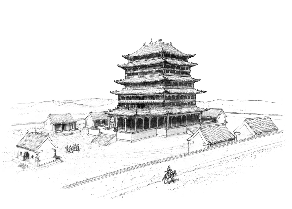 Image showing a graphical reconstruction as a three-storey temple in the Chinese architectural style